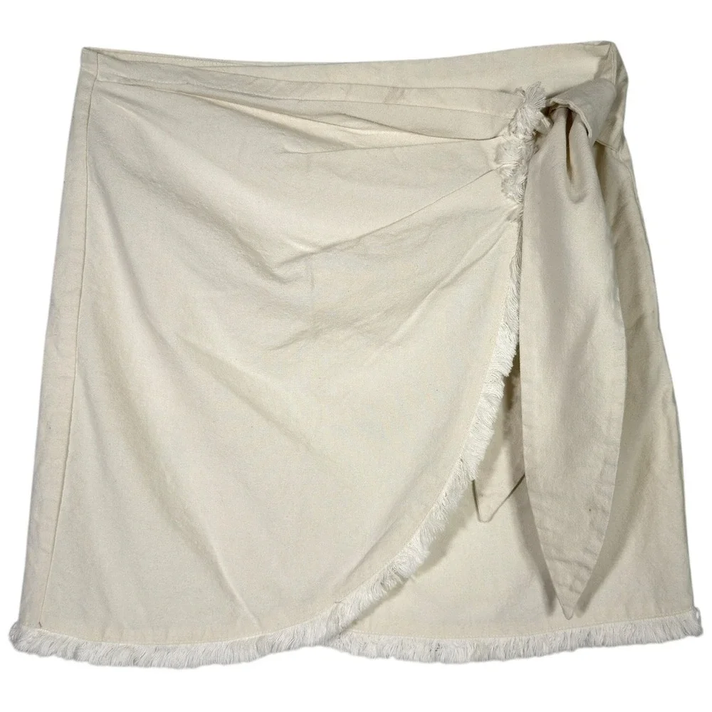 4SI3NNA Ivory Cotton Wrap Tie Fringe Mini Skirt Women's Size S